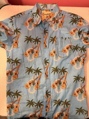 Coastal Men’s SZ L Hawaiian Shirt Palm Trees Ukulele Vacation Summer Vibe